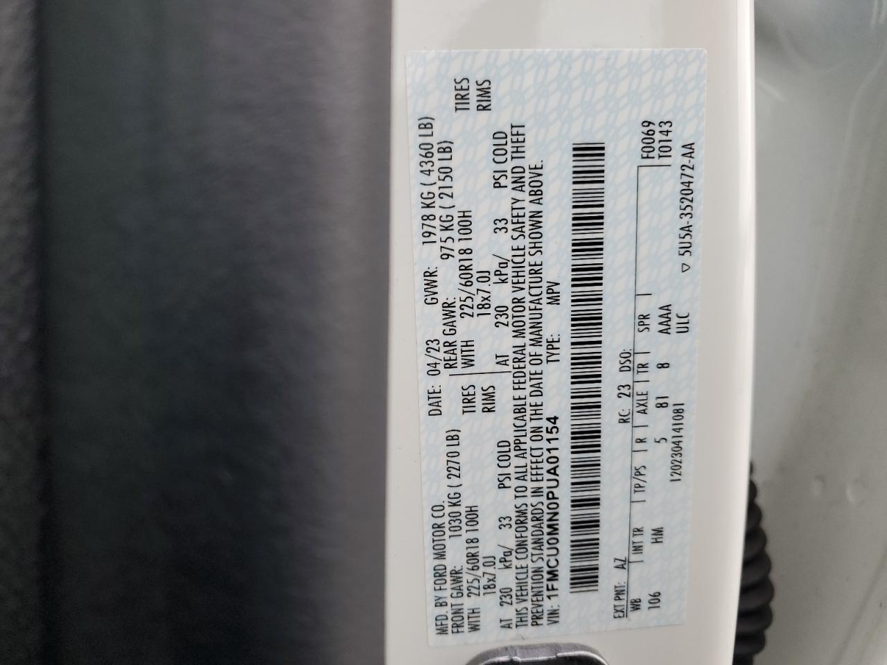 2023 FORD ESCAPE ST LINE VIN:1FMCU0MN0PUA01154