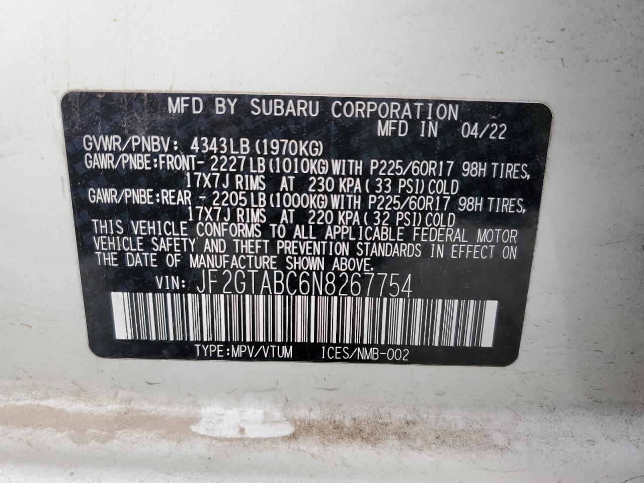 2022 SUBARU CROSSTREK  VIN:JF2GTABC6N8267754