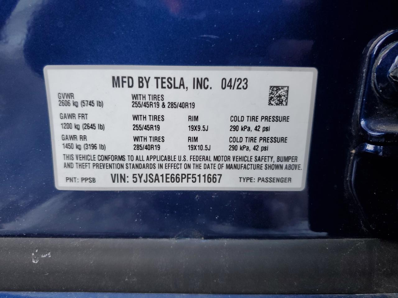 2023 TESLA MODEL S  VIN:5YJSA1E66PF511667