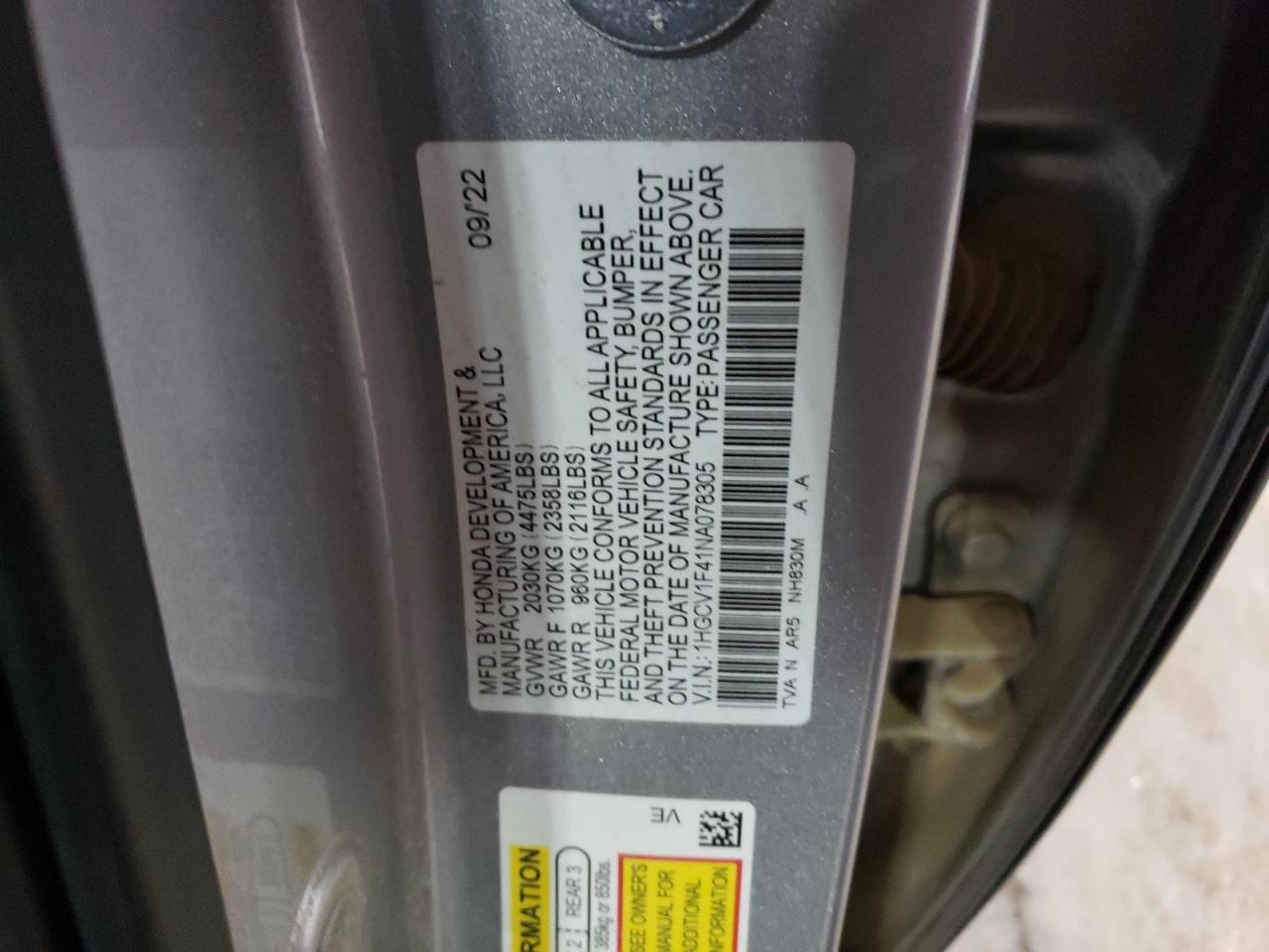 2022 HONDA ACCORD SPORT SE VIN:1HGCV1F41NA078305