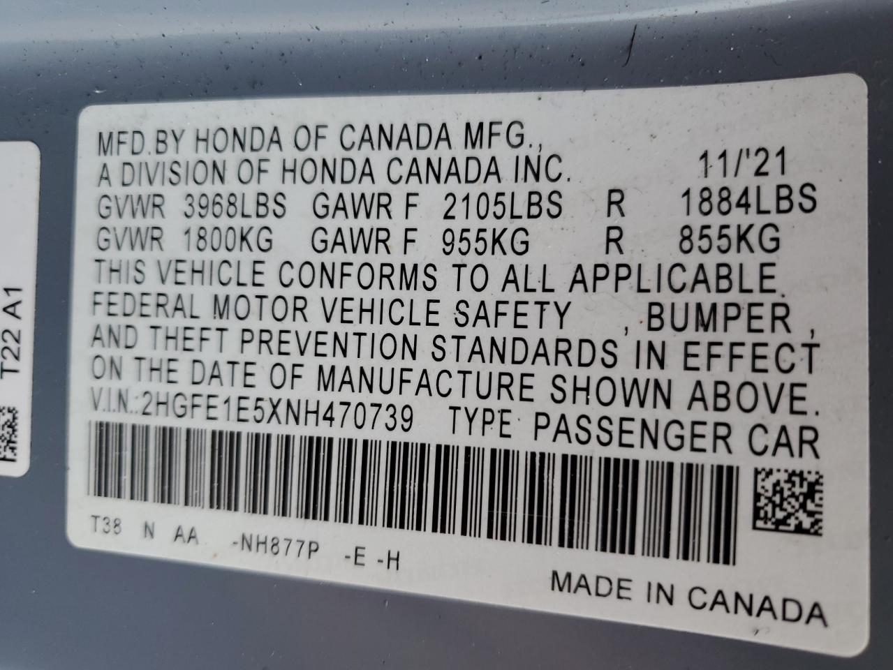2022 HONDA CIVIC SI VIN:2HGFE1E5XNH470739