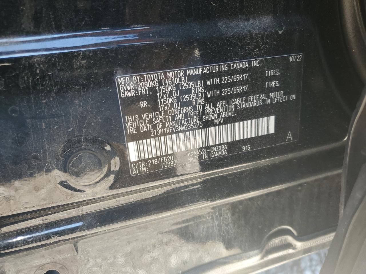 2022 TOYOTA RAV4 LE VIN:2T3H1RFV3NW235275