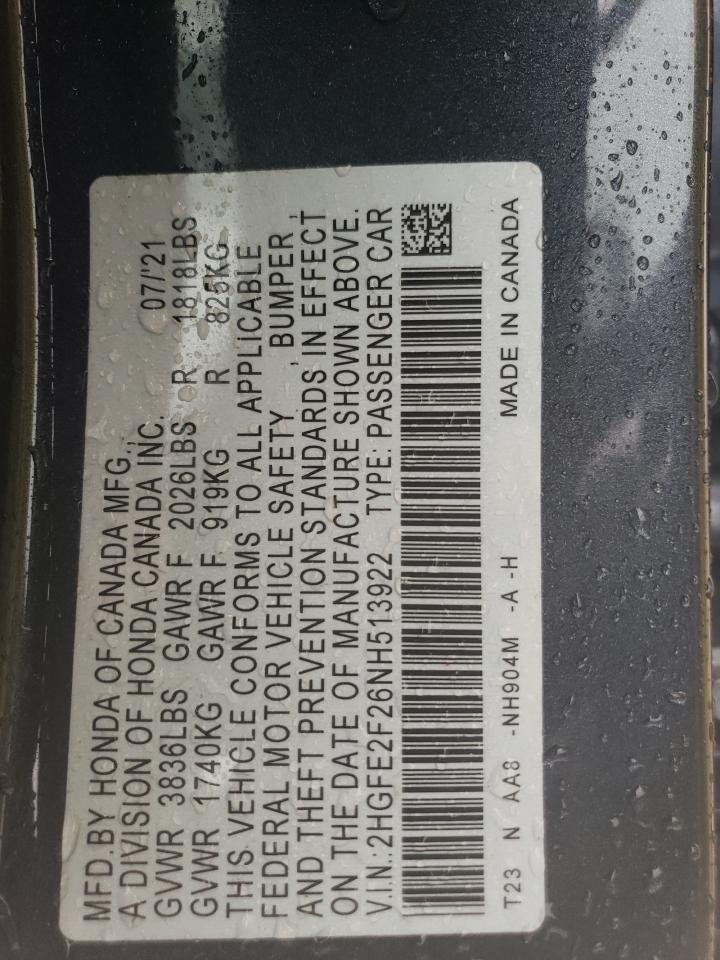 2022 HONDA CIVIC LX VIN:2HGFE2F26NH513922