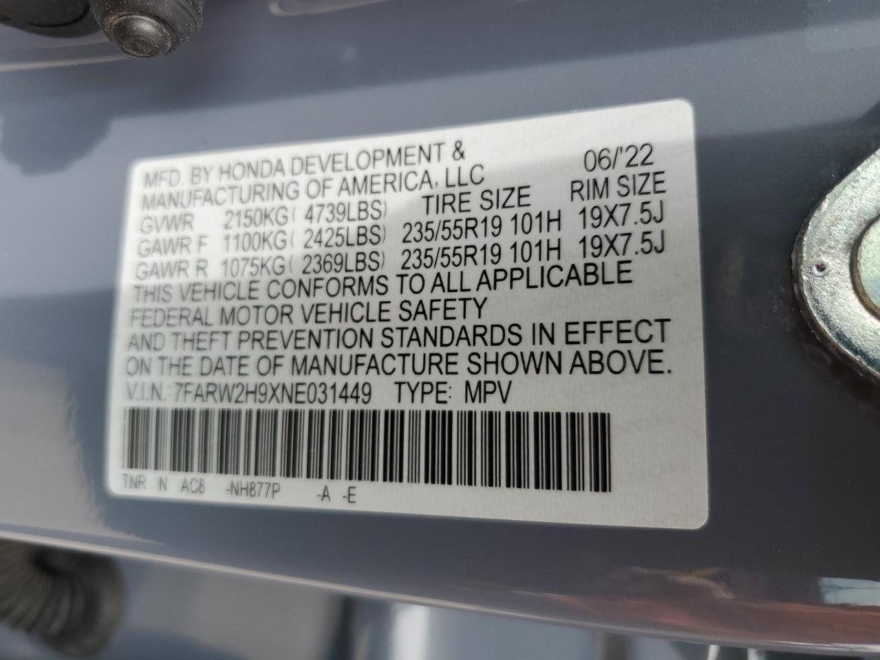 2022 HONDA CR-V TOURING VIN:7FARW2H9XNE031449