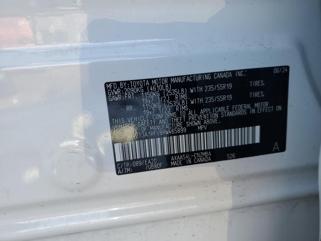 2024 TOYOTA RAV4 XLE PREMIUM VIN:2T3A1RFV8RW465899