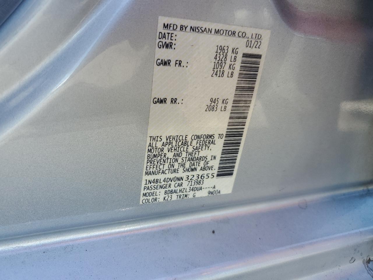 2022 NISSAN ALTIMA SV VIN:1N4BL4DV0NN323655