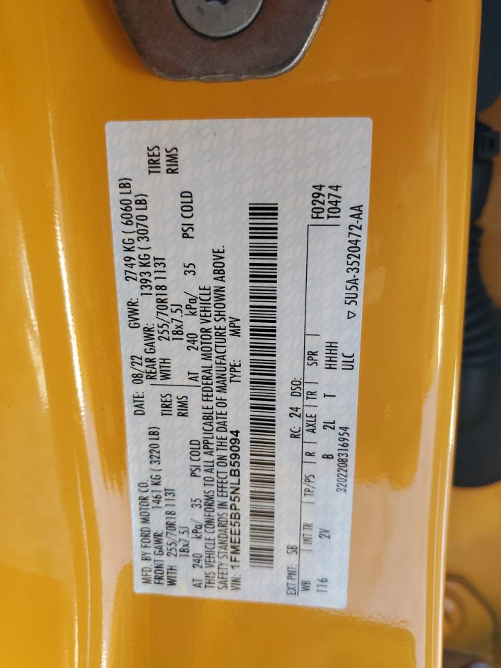 2022 FORD BRONCO BASE VIN:1FMEE5BP5NLB59094