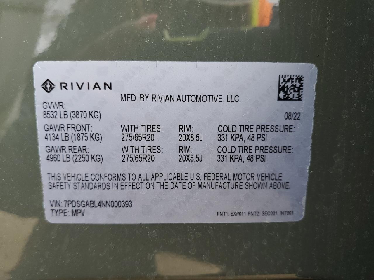2022 RIVIAN R1S LAUNCH EDITION VIN:7PDSGABL4NN000393