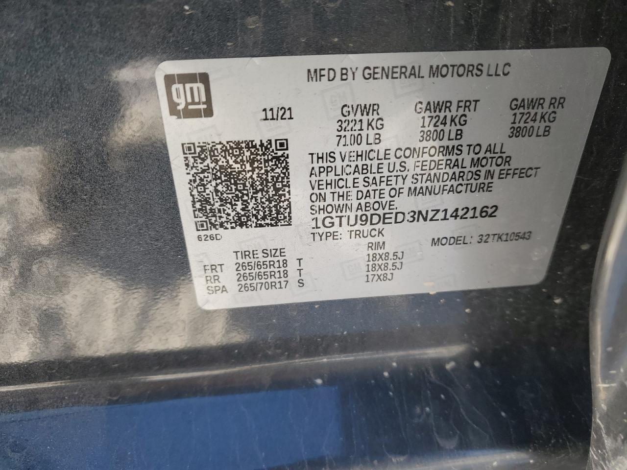 2022 GMC SIERRA LIMITED K1500 SLT VIN:1GTU9DED3NZ142162