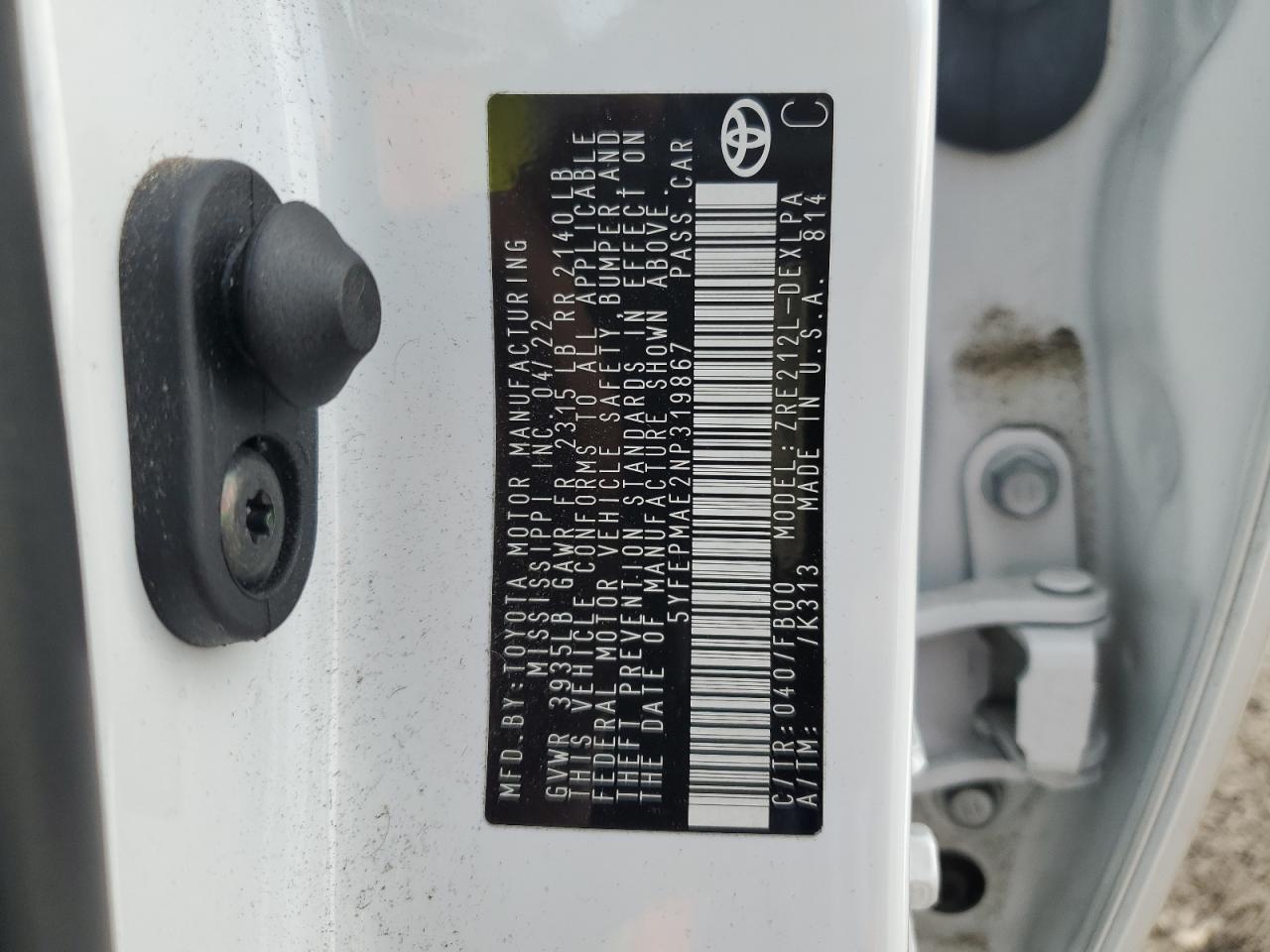 2022 TOYOTA COROLLA LE VIN:5YFEPMAE2NP319867