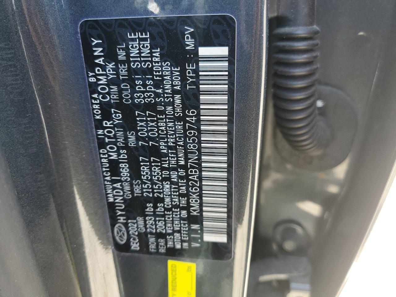 2022 HYUNDAI KONA SEL VIN:KM8K62AB7NU859746