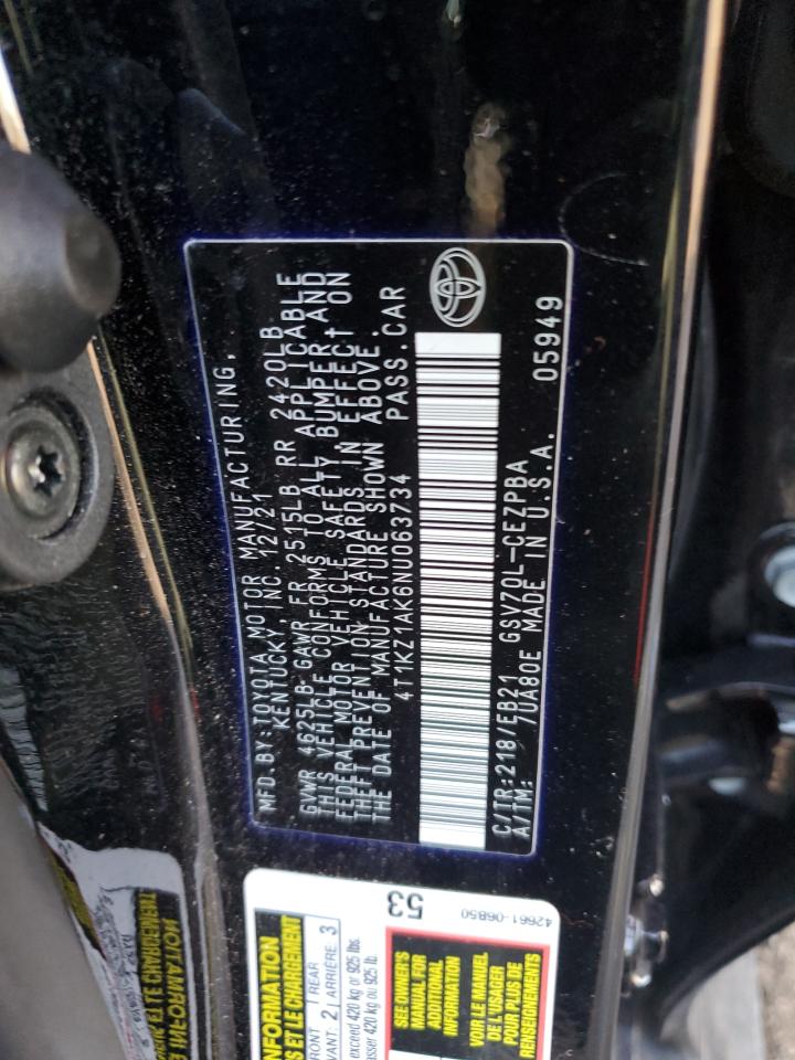 2022 TOYOTA CAMRY TRD VIN:4T1KZ1AK6NU063734