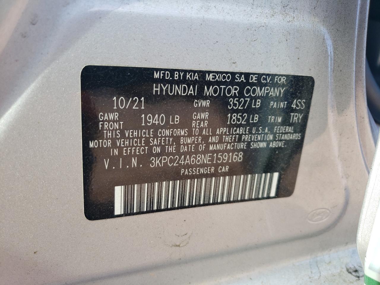2022 HYUNDAI ACCENT SE VIN:3KPC24A68NE159168