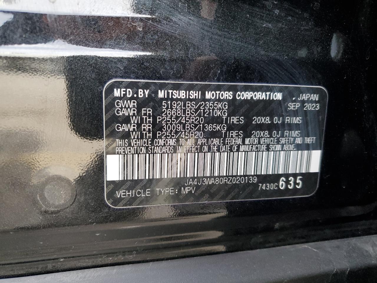 2024 MITSUBISHI OUTLANDER SEL VIN:JA4J3WA80RZ020139