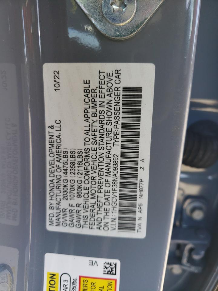 2022 HONDA ACCORD SPORT VIN:1HGCV1F38NA093892