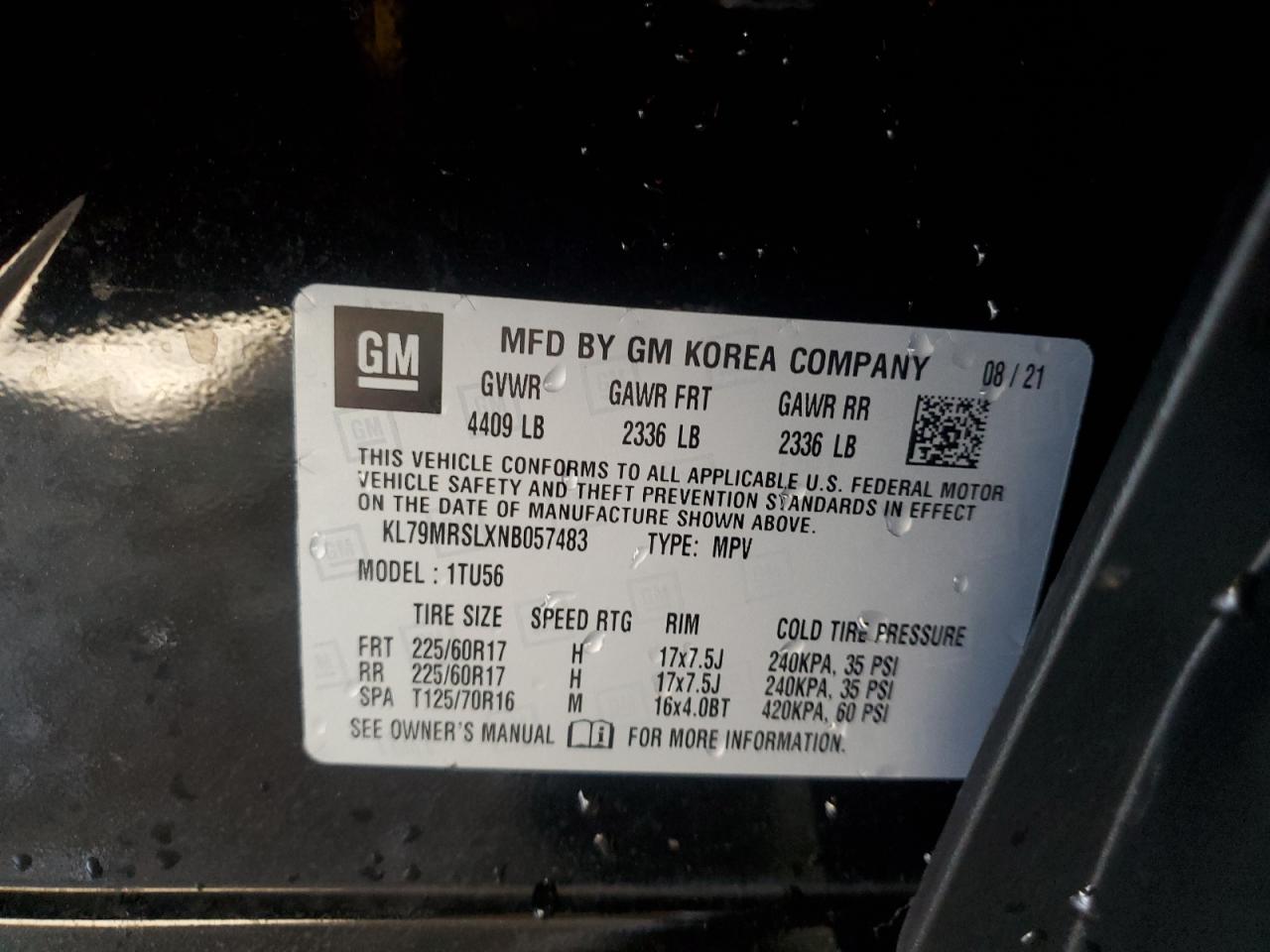 2022 CHEVROLET TRAILBLAZER LT VIN:KL79MRSLXNB057483