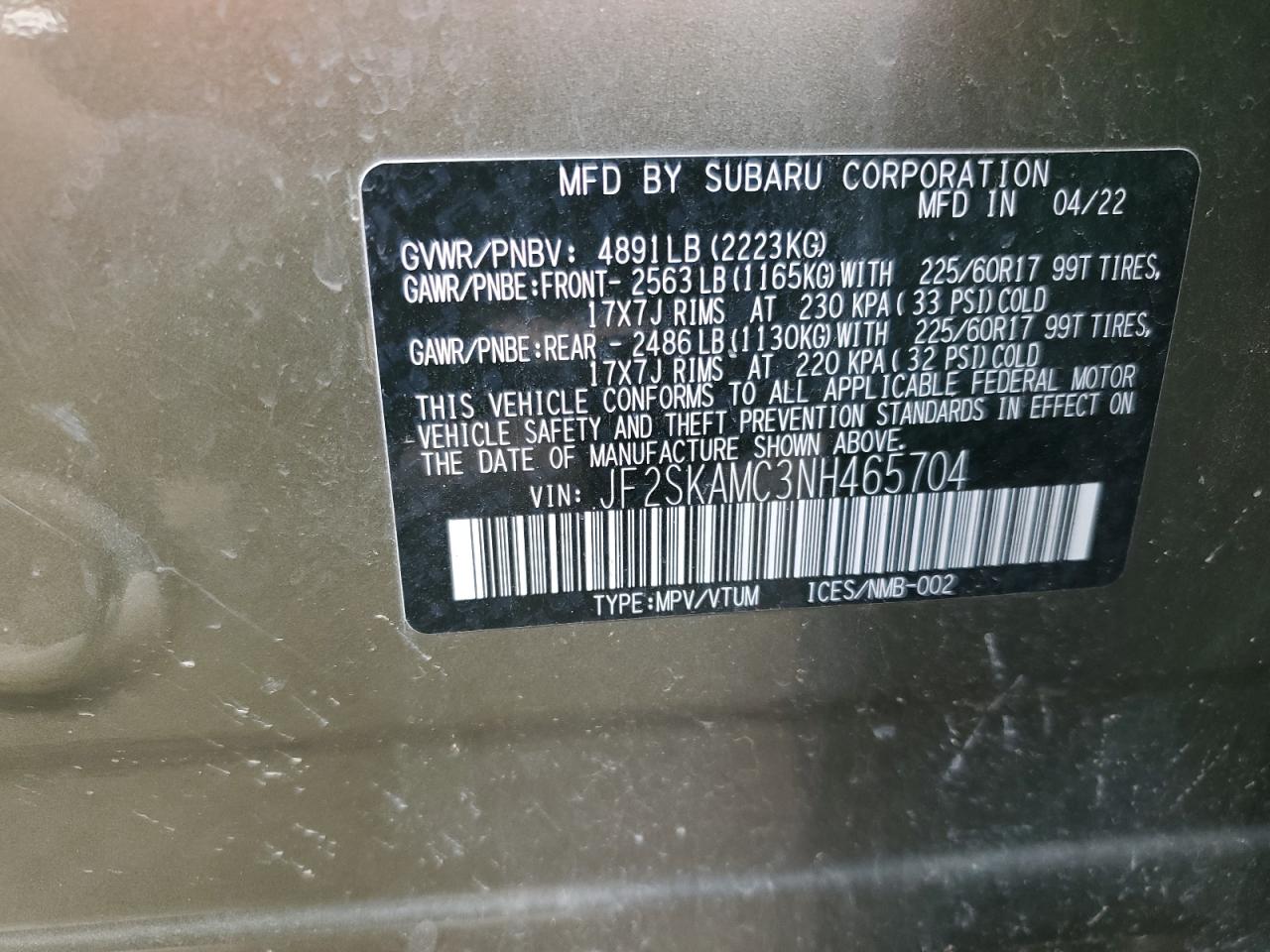 2022 SUBARU FORESTER WILDERNESS VIN:JF2SKAMC3NH465704
