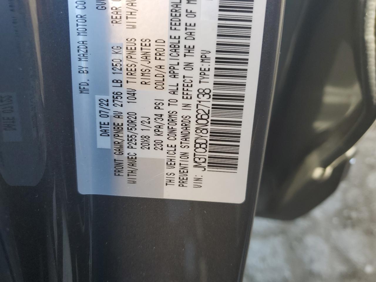 2022 MAZDA CX-9 GRAND TOURING VIN:JM3TCBDY8N0627138