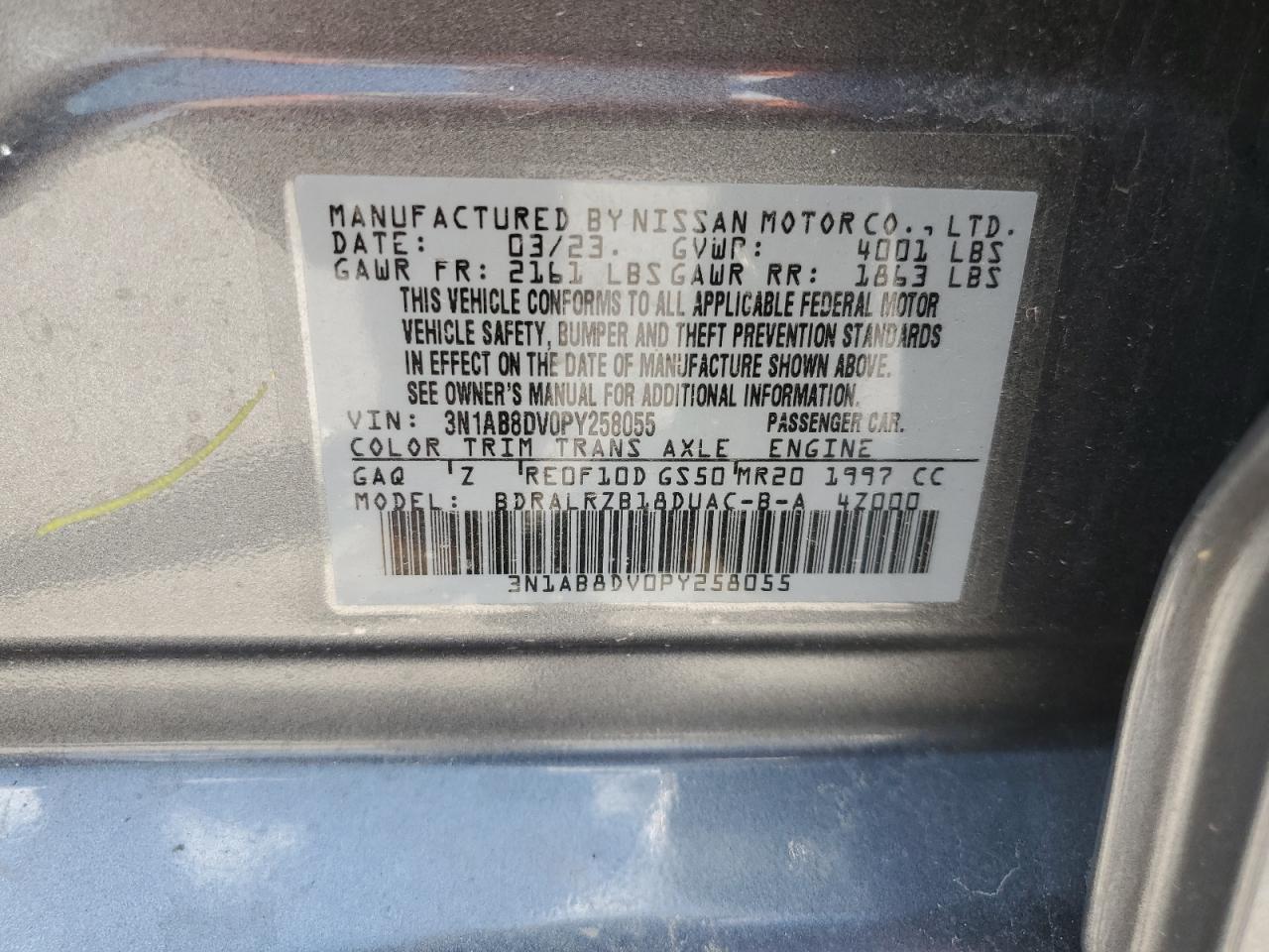 2023 NISSAN SENTRA SR VIN:3N1AB8DV0PY258055