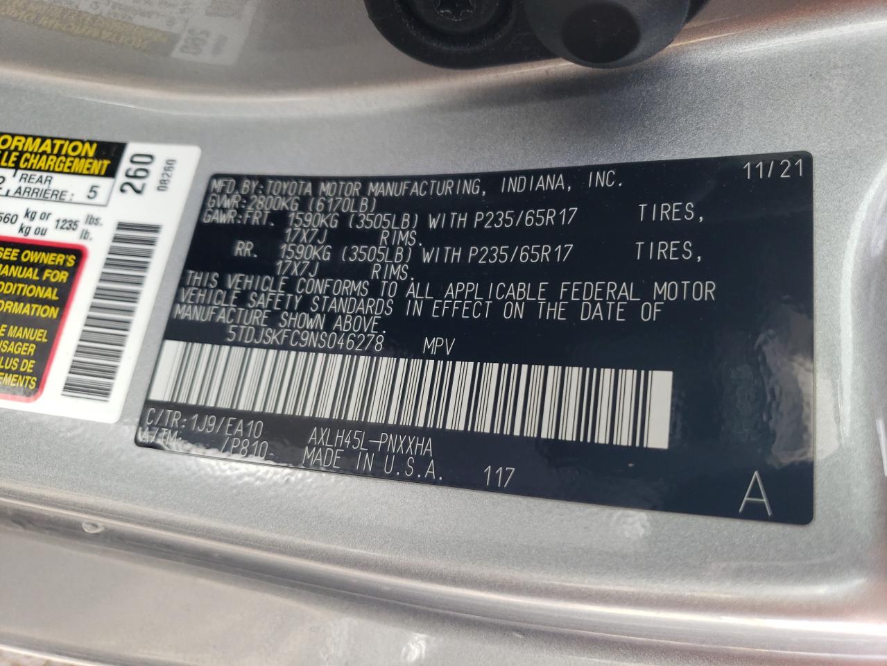 2022 TOYOTA SIENNA XLE VIN:5TDJSKFC9NS046278