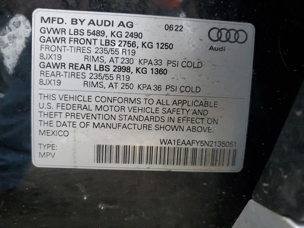 2022 AUDI Q5 PREMIUM PLUS 45 VIN:WA1EAAFY5N2135051