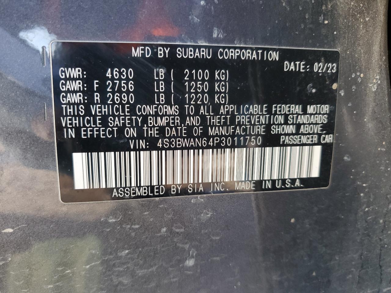 2023 SUBARU LEGACY LIMITED VIN:4S3BWAN64P3011750