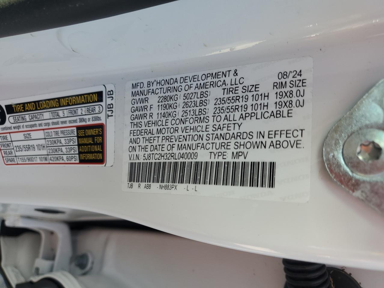 2024 ACURA RDX  VIN:5J8TC2H32RL040009