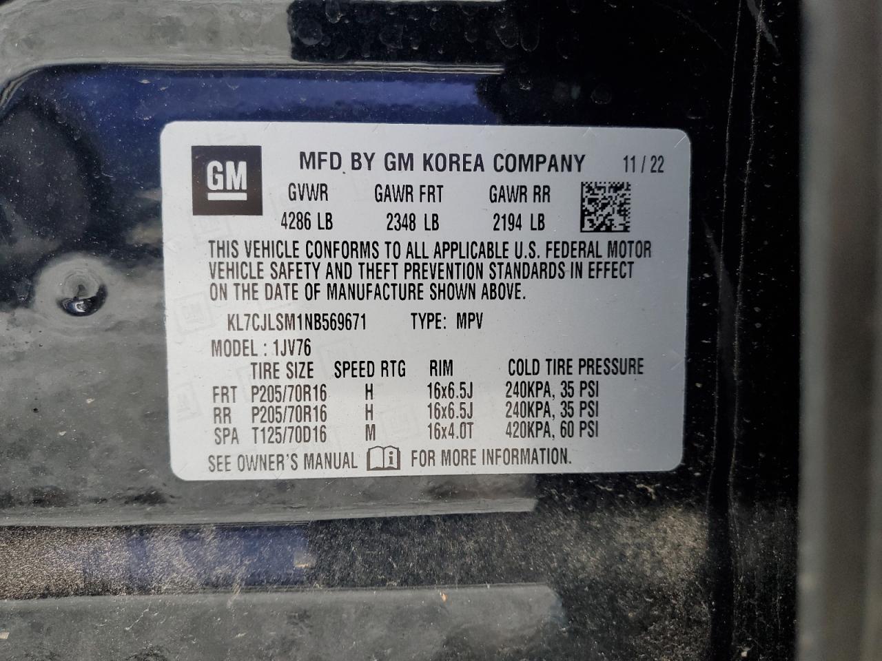 2022 CHEVROLET TRAX 1LT VIN:KL7CJLSM1NB569671