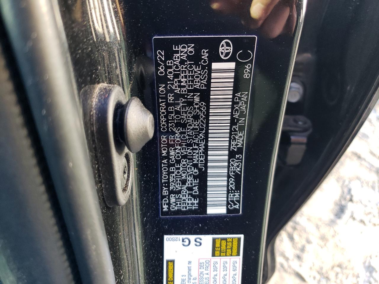 2022 TOYOTA COROLLA LE VIN:JTDEPMAE9NJ229569