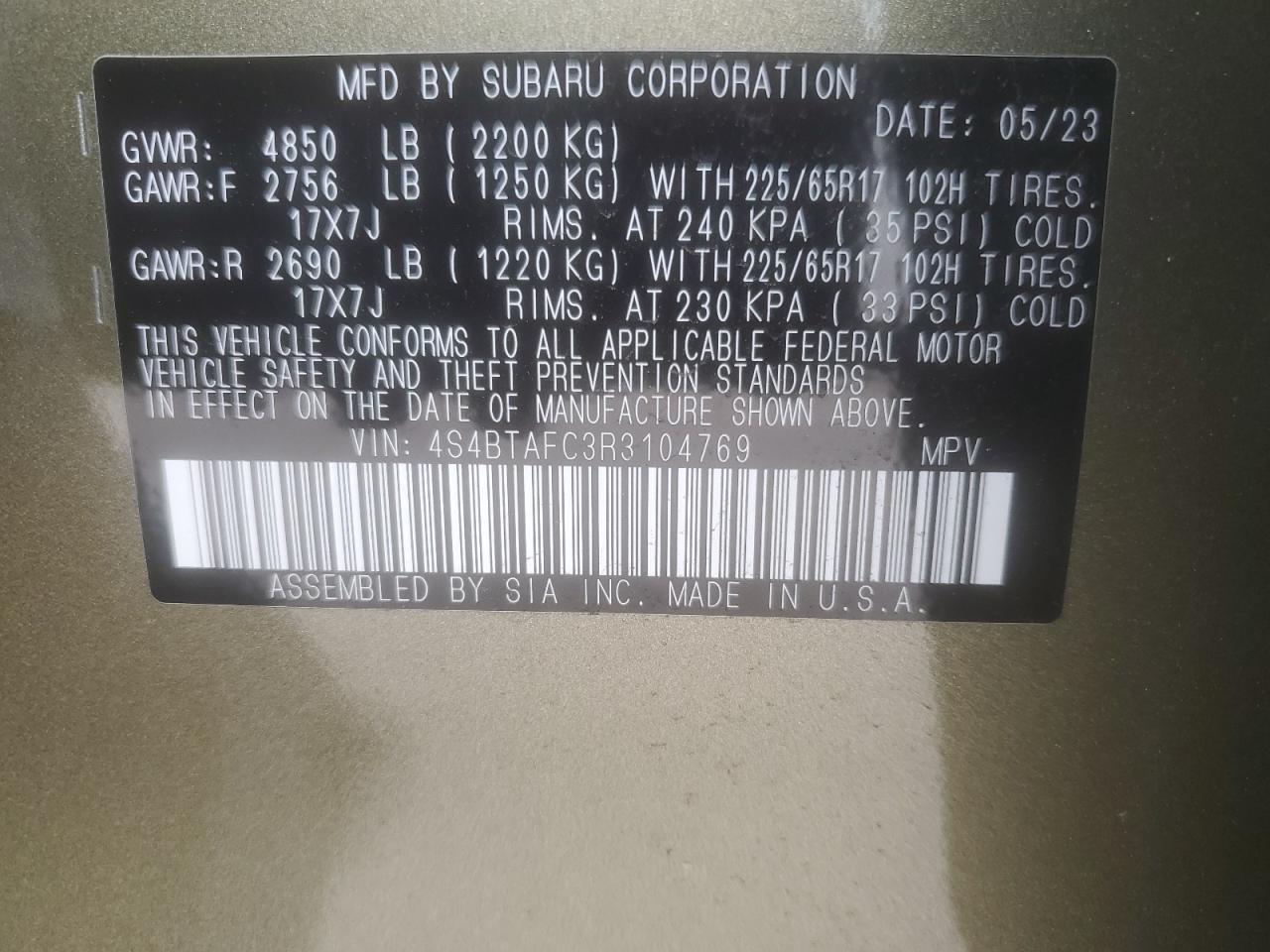 2024 SUBARU OUTBACK PREMIUM VIN:4S4BTAFC3R3104769