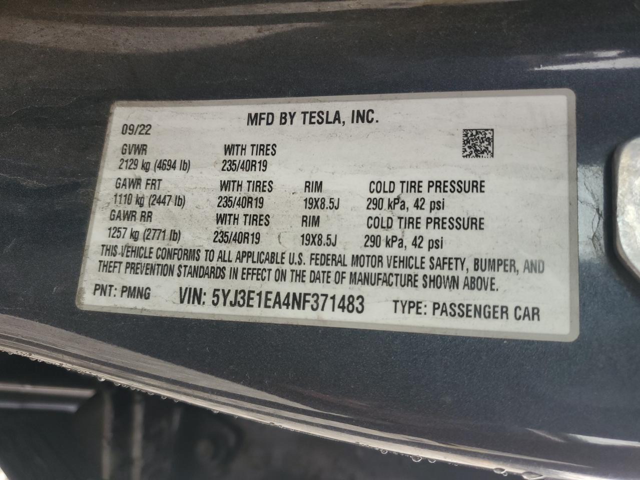 2022 TESLA MODEL 3  VIN:5YJ3E1EA4NF371483