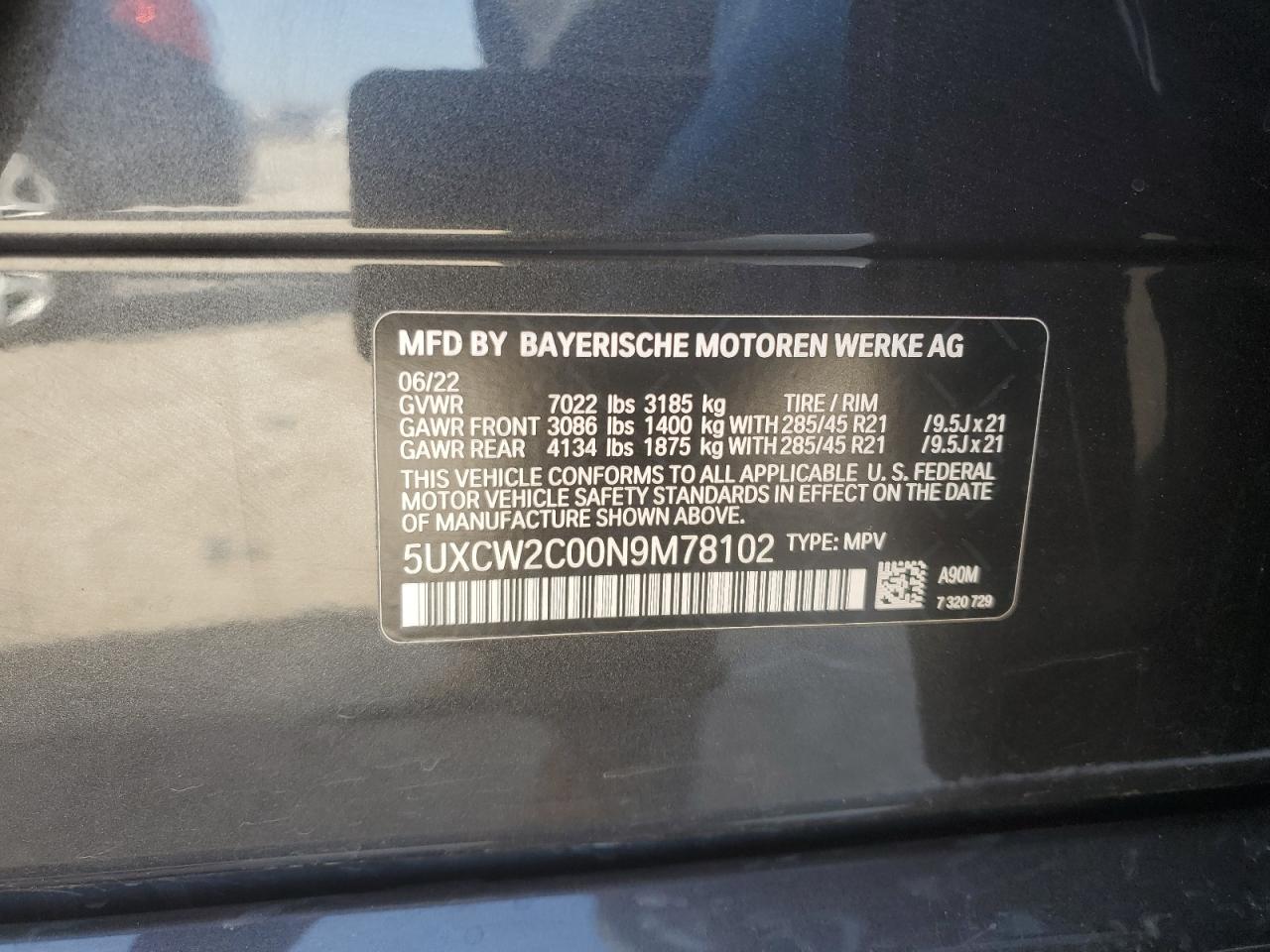 2022 BMW X7 XDRIVE40I VIN:5UXCW2C00N9M78102