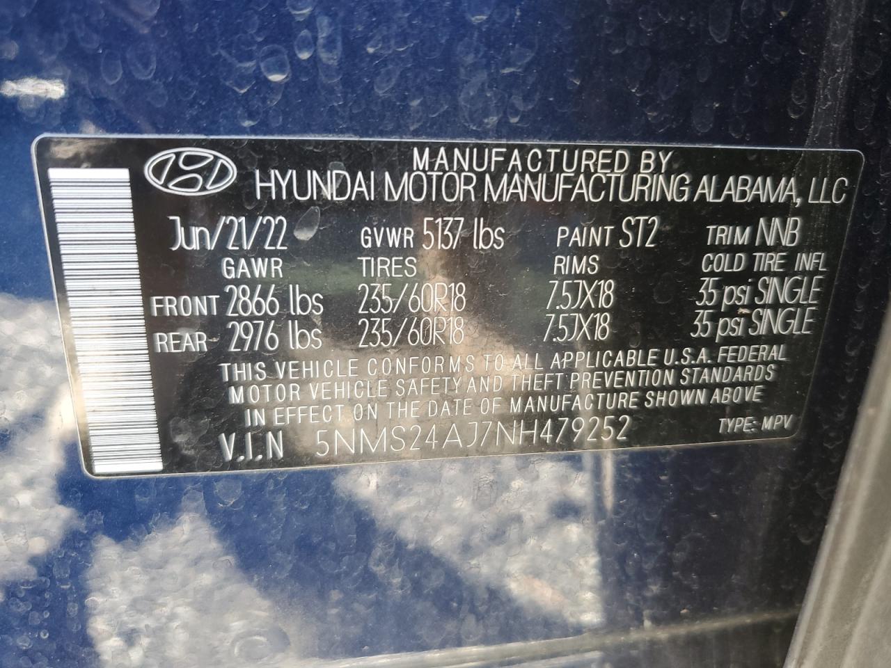 2022 HYUNDAI SANTA FE SEL VIN:5NMS24AJ7NH479252