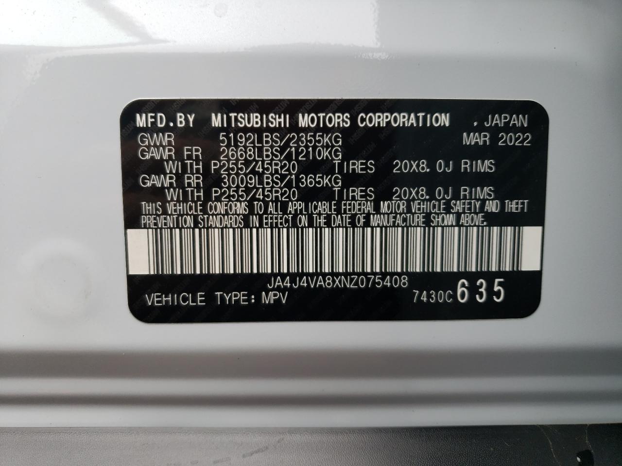 2022 MITSUBISHI OUTLANDER SEL VIN:JA4J4VA8XNZ075408