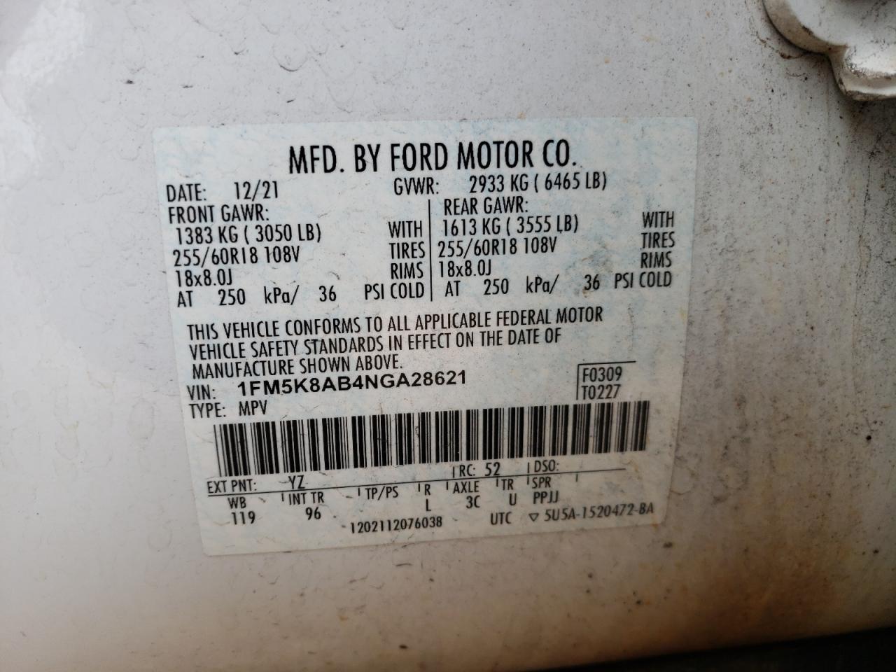 2022 FORD EXPLORER POLICE INTERCEPTOR VIN:1FM5K8AB4NGA28621