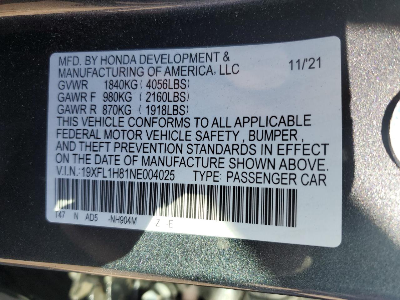 2022 HONDA CIVIC SPORT TOURING VIN:19XFL1H81NE004025