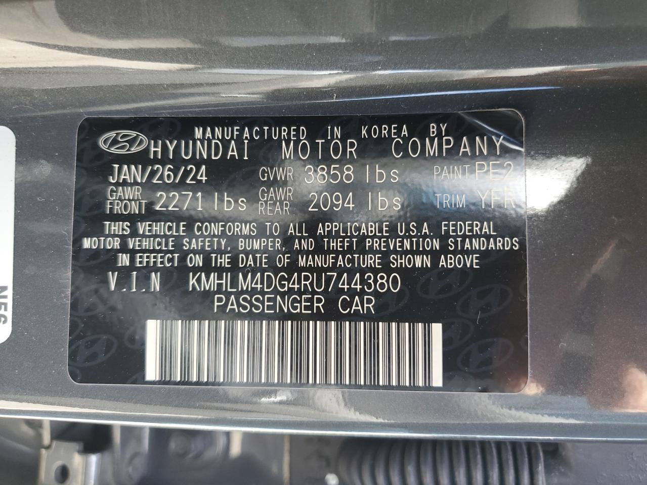 2024 HYUNDAI ELANTRA SEL VIN:KMHLM4DG4RU744380