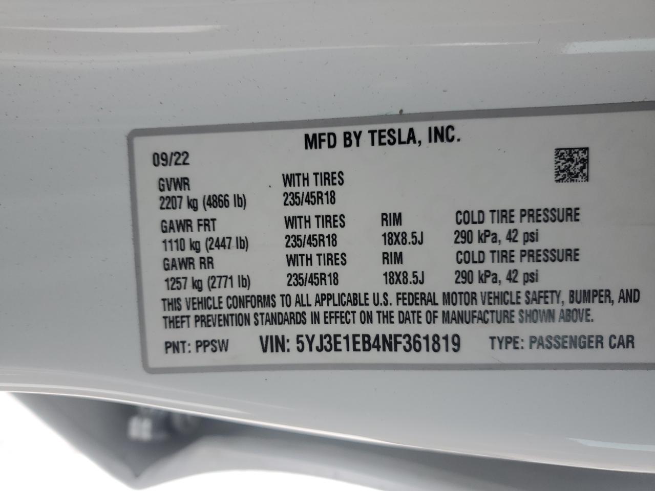 2022 TESLA MODEL 3  VIN:5YJ3E1EB4NF361819