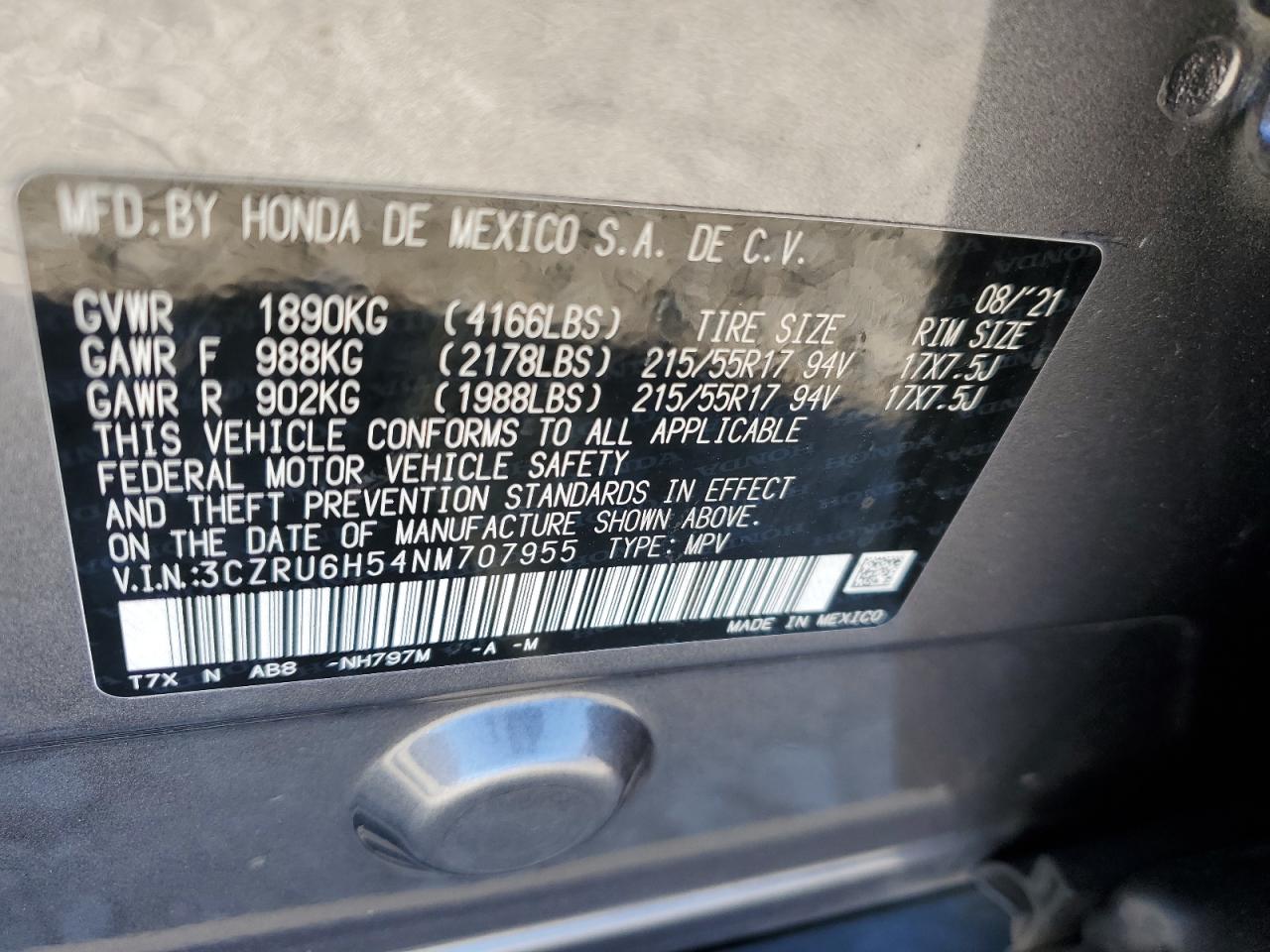 2022 HONDA HR-V EX VIN:3CZRU6H54NM707955