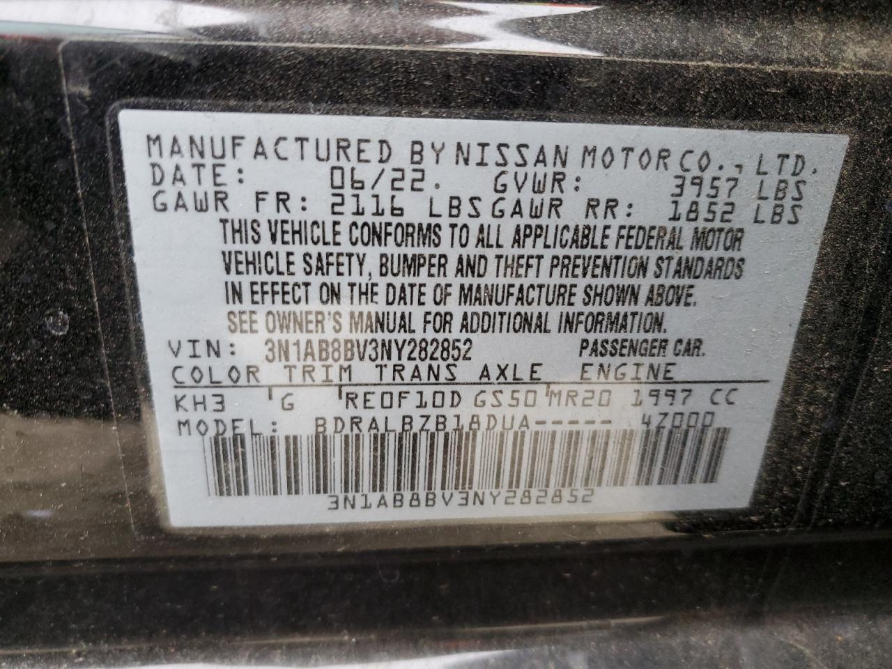 2022 NISSAN SENTRA S VIN:3N1AB8BV3NY282852