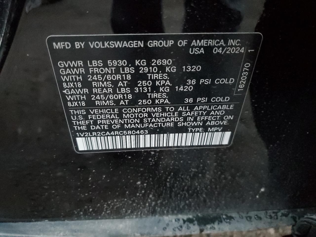 2024 VOLKSWAGEN ATLAS SE VIN:1V2LR2CA4RC580463