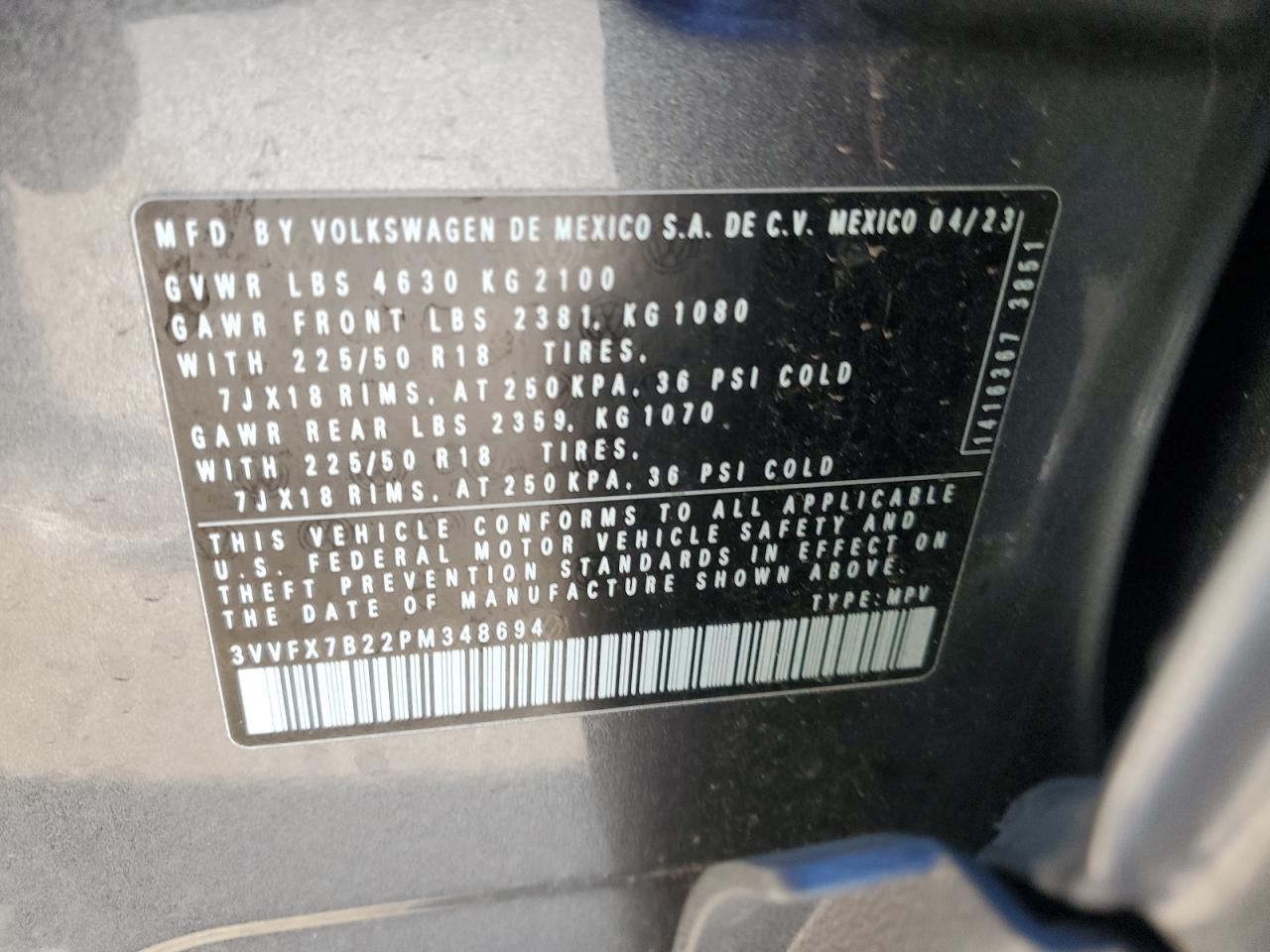 2023 VOLKSWAGEN TAOS S VIN:3VVFX7B22PM348694