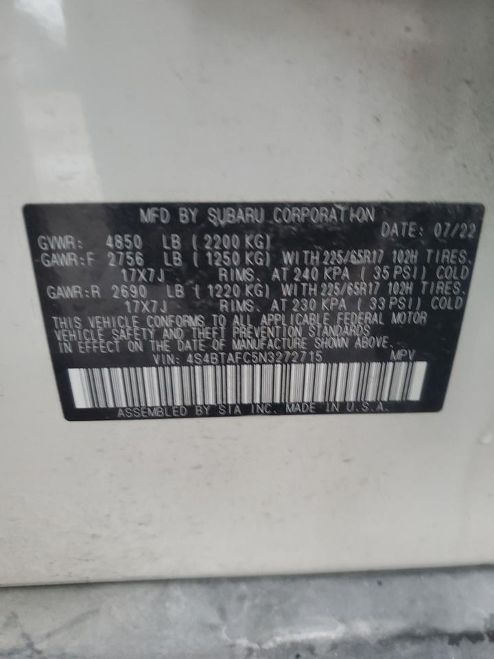 2022 SUBARU OUTBACK PREMIUM VIN:4S4BTAFC5N3272715