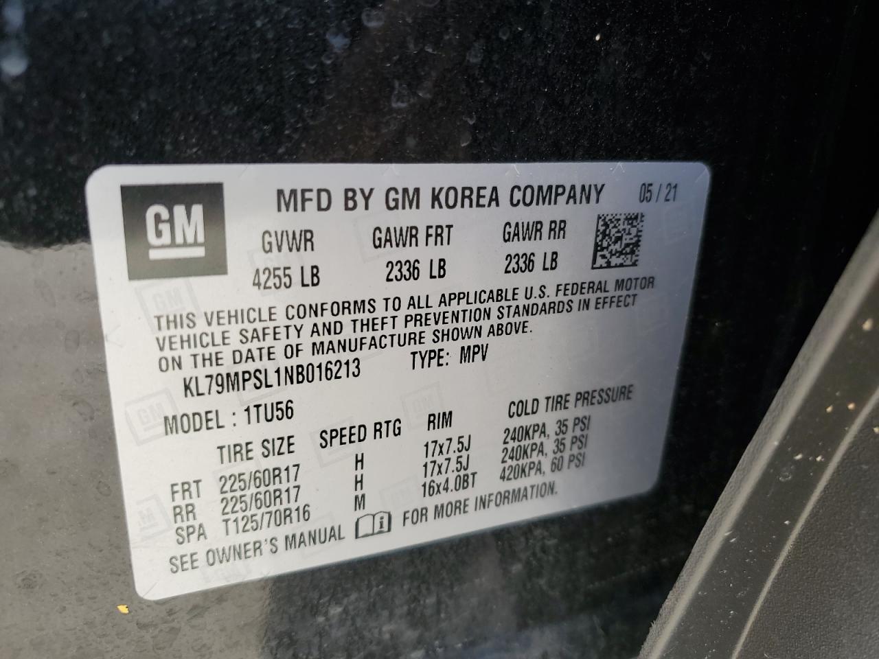 2022 CHEVROLET TRAILBLAZER LT VIN:KL79MPSL1NB016213