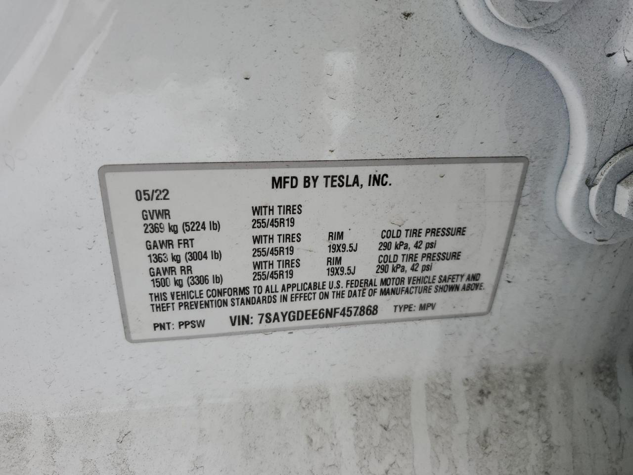 2022 TESLA MODEL Y  VIN:7SAYGDEE6NF457868