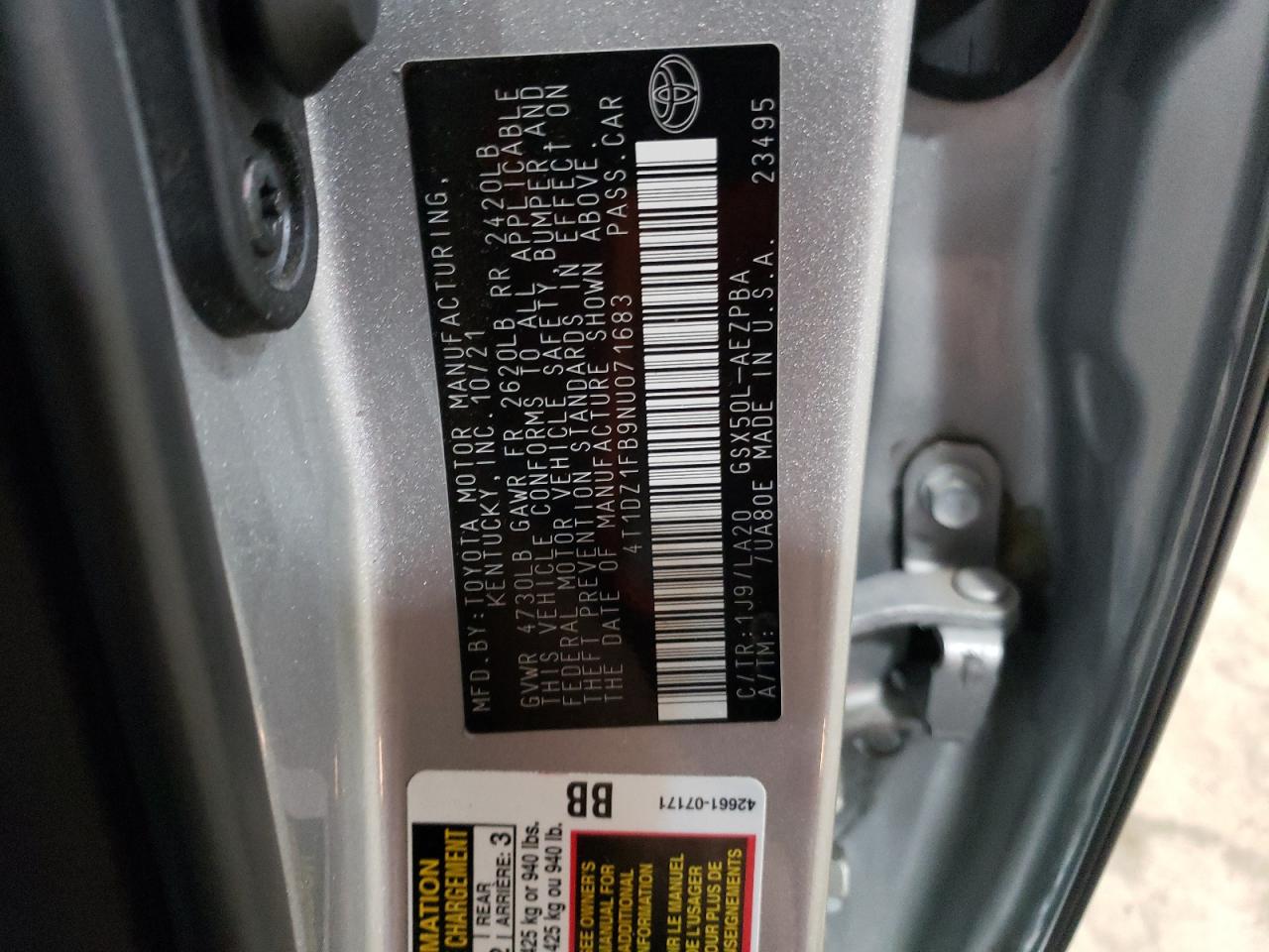 2022 TOYOTA AVALON LIMITED VIN:4T1DZ1FB9NU071683