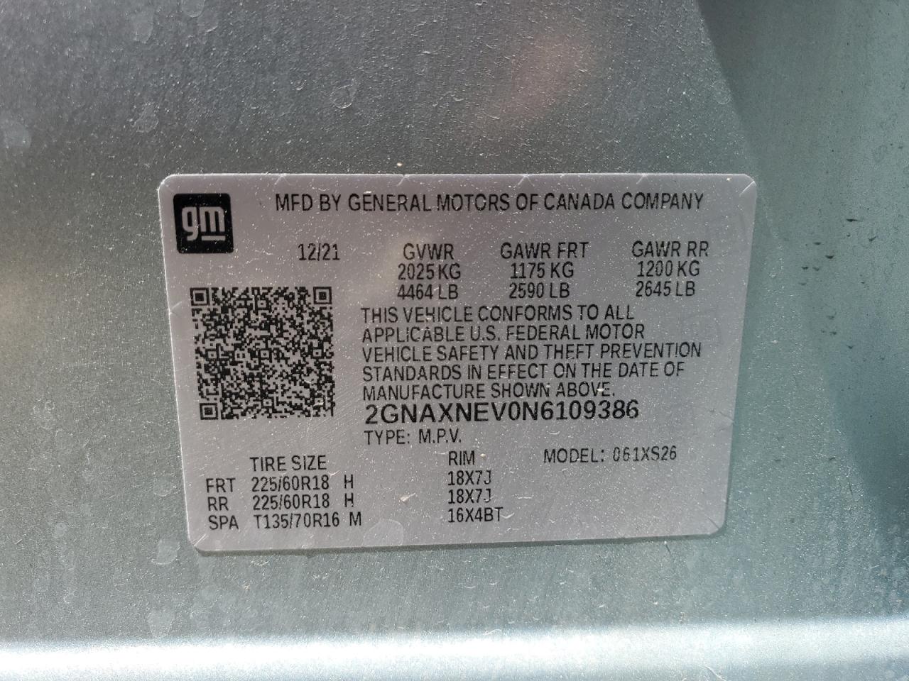 2022 CHEVROLET EQUINOX PREMIER VIN:2GNAXNEV0N6109386