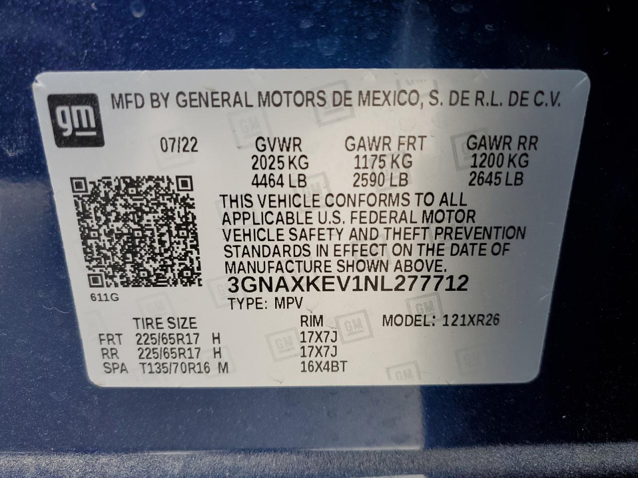 2022 CHEVROLET EQUINOX LT VIN:3GNAXKEV1NL277712