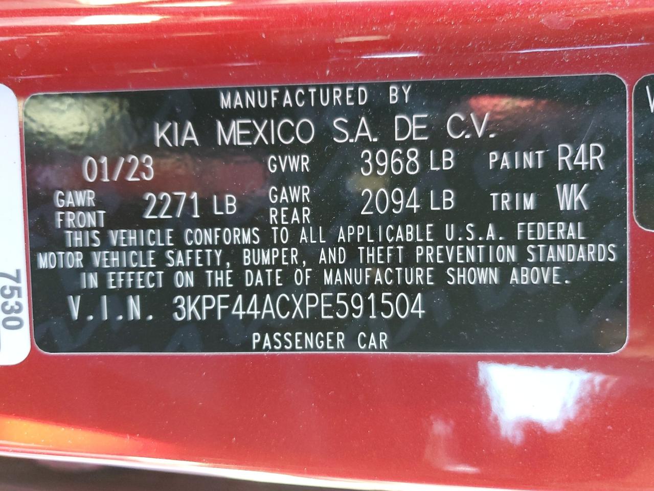 2023 KIA FORTE GT VIN:4T3R6RFV7MU016565