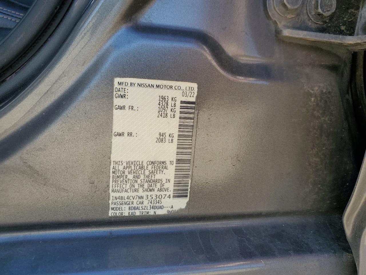 2022 NISSAN ALTIMA SR VIN:1N4BL4CV7NN353074